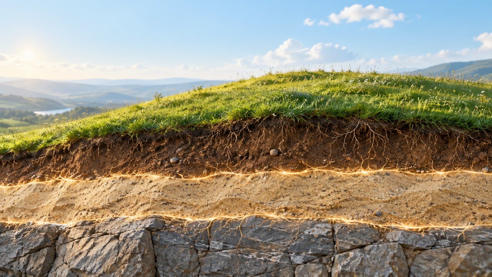 A cross-section of a grassy hill showing glowing layers of soil, sand and stone beneath
