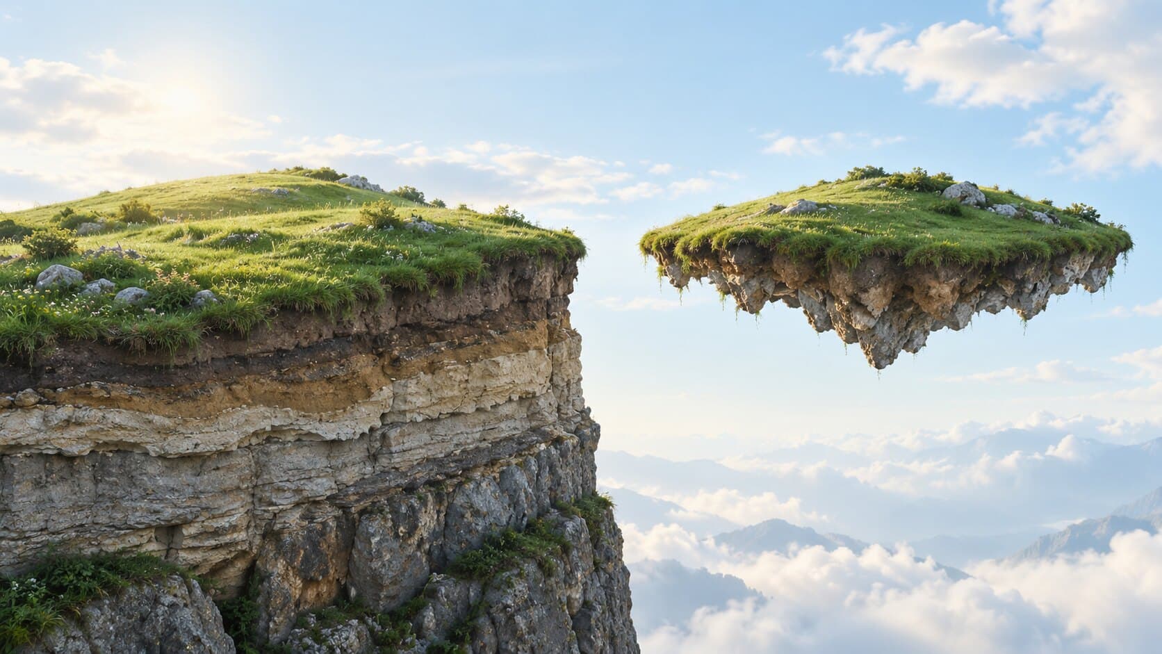 A solid grassy cliff beside a matching hilltop floating in the air with nothing beneath it