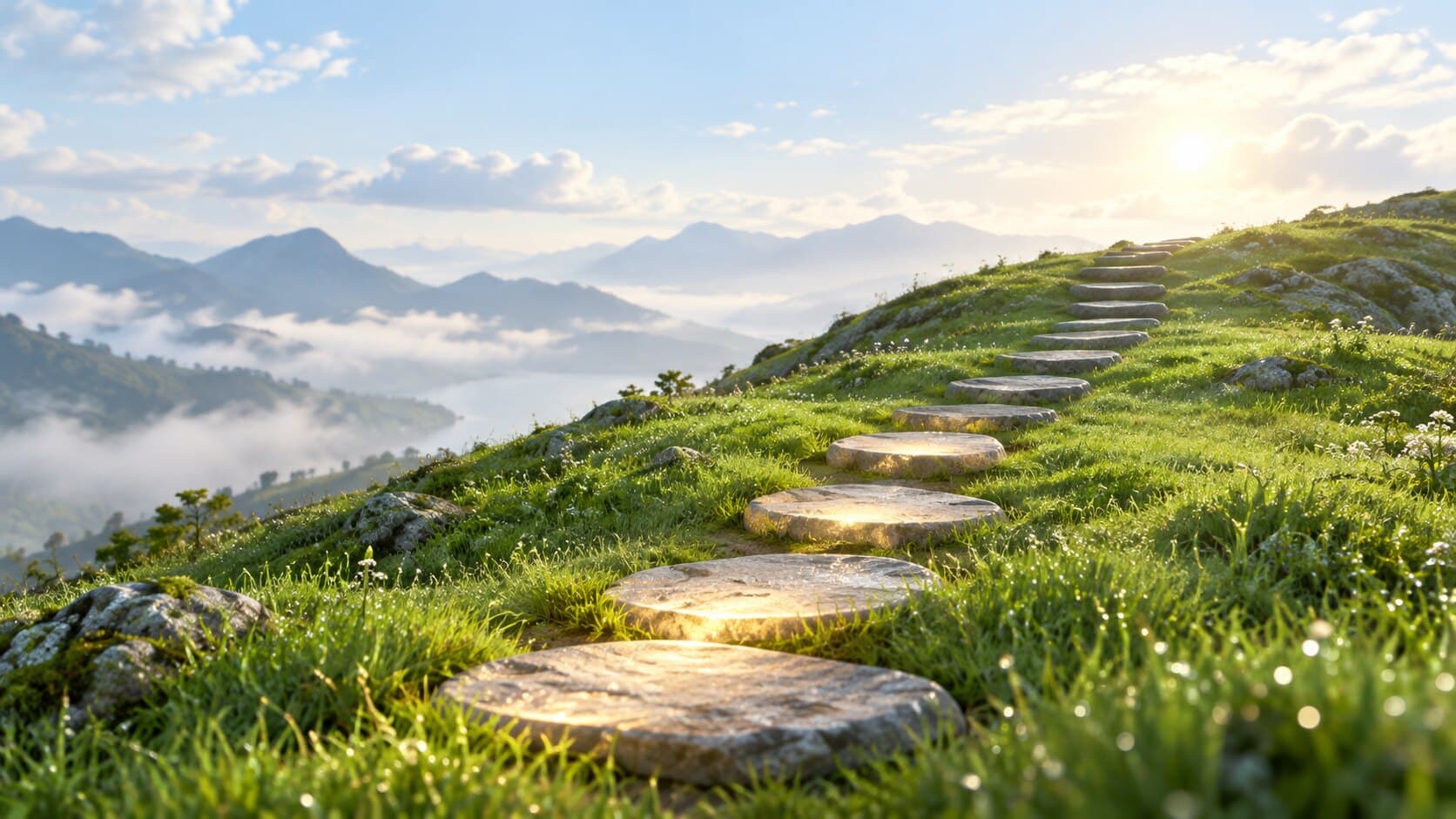 Glowing stepping stones climbing a green hillside toward the sky