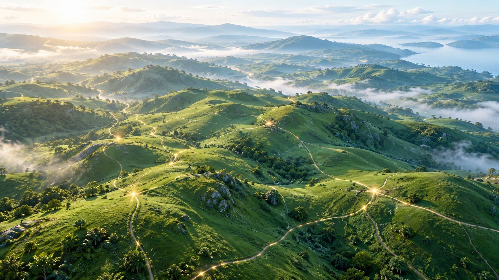 An aerial view of rolling green hills crossed by softly glowing footpaths